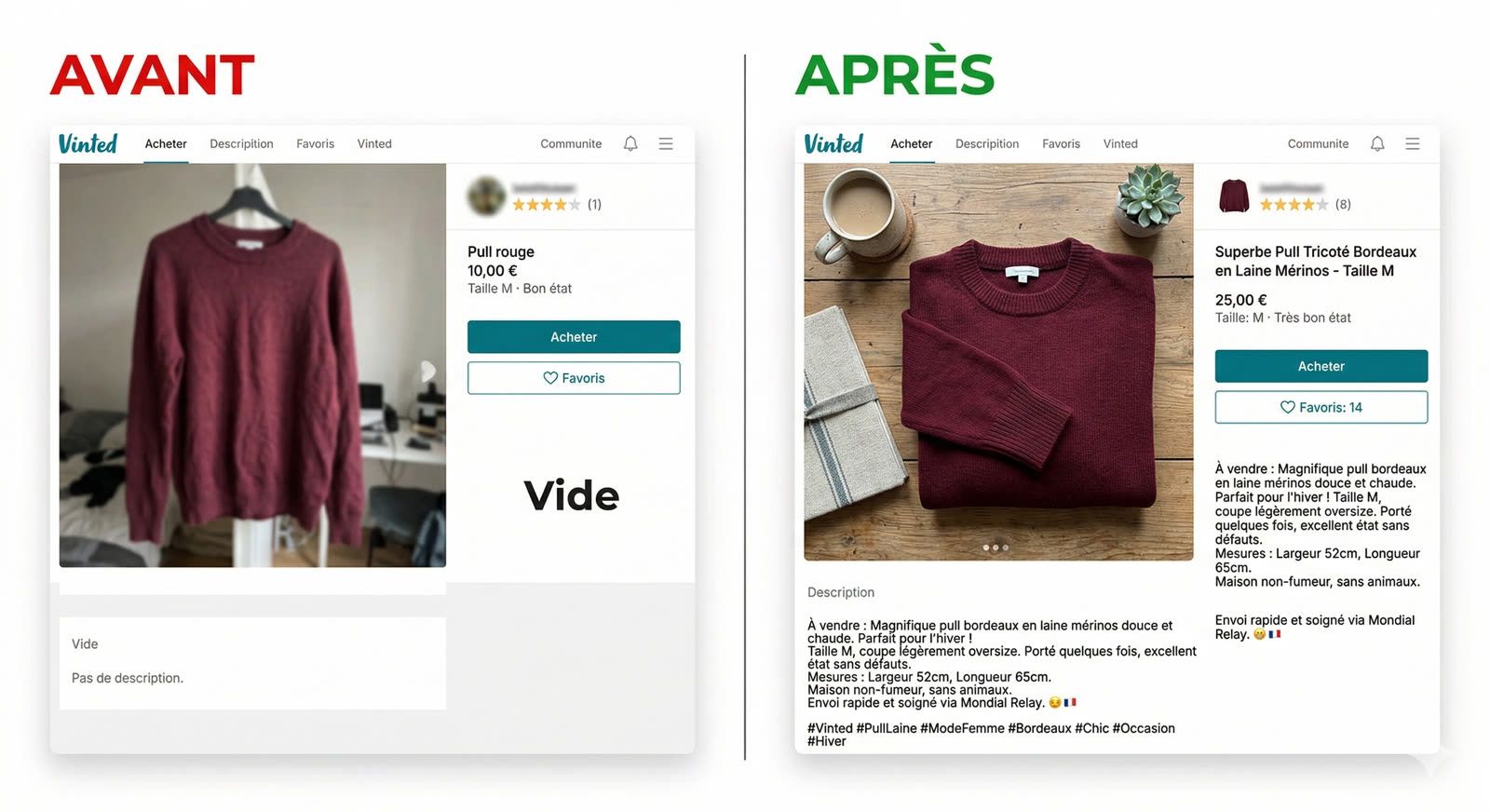Comparaison annonce Vinted avant/après : photo floue et description vide vs flat-lay propre et description optimisée
