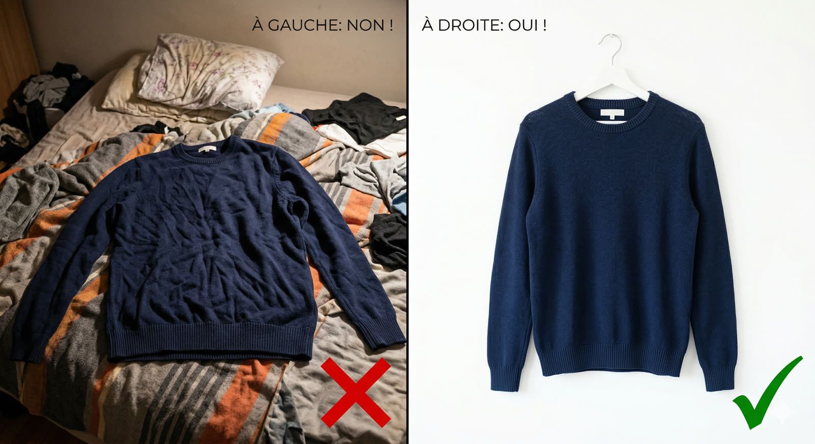 Comparaison environnement de shoot : à gauche pull froissé sur lit en désordre (à éviter), à droite pull bien posé sur cintre fond clair (à reproduire)