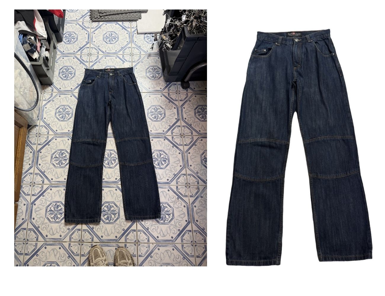 Comparaison avant/après détourage IA sur un jeans vintage : à gauche photo brute sur sol carrelé, à droite produit isolé sur fond blanc propre